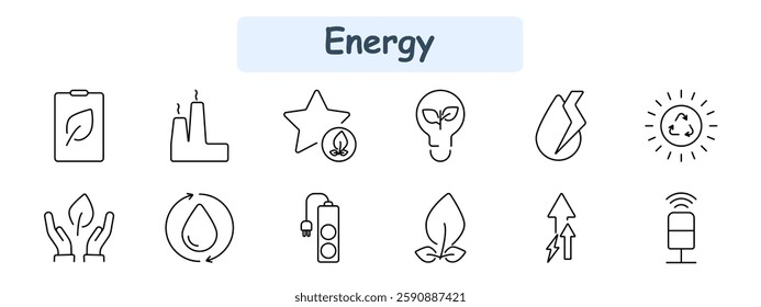 Energy set icon. Eco battery, factory, green rating, eco light bulb, energy impact, sustainability, water conservation, smart plug, green leaf, electricity usage, solar power, energy signal.