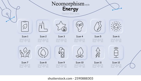 Energy set icon. Eco document, factory emissions, eco rating, green innovation, water conservation, recycling, green energy, water reuse, battery power, plant-based electricity, energy boost, smart.