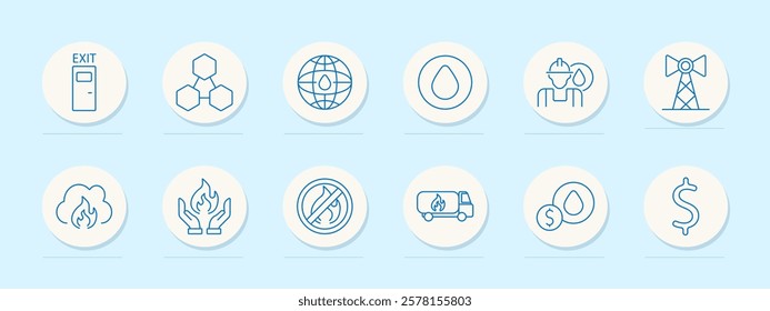 Energy set icon. Exit door, molecular structure, globe, oil drop, worker, tower, flame, safety hands, no fire, fuel truck, dollar symbol. Represent energy production, safety, and global resources