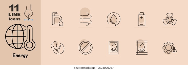 Energy set icon. Faucet, airflow, water droplet, battery, turbine, eco-leaf, stop symbol, poster, bio-package, and warning gear. Represents renewable energy and eco-friendly technology