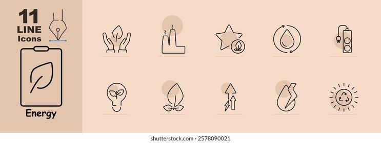 Energy set icon. Gear with leaf, atom, turbine, water droplet, prohibition sign, sunrise, radio, lightning, park bench, and eco-growth. Represents clean energy, nature, and innovation