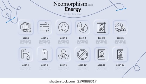 Energy set icon. Global warming, wind energy, water recycling, biofuel, green construction, eco engineering conservation, battery power, nuclear energy, restriction sign, green technology, eco mobile.