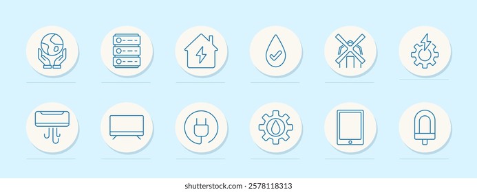 Energy set icon. Globe in hands, servers, powered house, water drop, wind turbine, electric gear, air conditioner, TV, plug, water gear, tablet, bulb. Renewable energy, appliances, and power usage