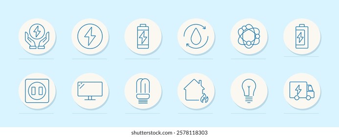 Energy set icon. Hands holding energy symbol, battery, water cycle, atomic structure, electrical truck, plug. Represent renewable energy, conservation, and efficient power usage