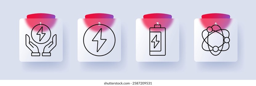 Energy set icon. Hands holding energy symbol, power icon, battery, atomic structure, sustainability, renewable energy, electricity, conservation, science, physics