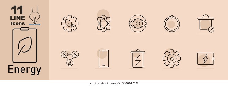 Energy set icon. Leaf on clipboard, eco gear, atom, energy eye, solar panel, network, smartphone with battery, battery charge, gear with bolt, power bank