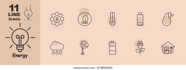 Energy set icon. Technology, eco-light, battery, water drop, rain, windmill, solar panel, charging house. Focuses on renewable energy, green technology, and sustainable energy solutions