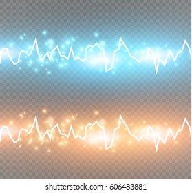 Energy shock effect with many glowing particles. Electric discharge on transparent background. Vector illustration 