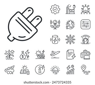 Energy sign. Energy, Co2 exhaust and solar panel outline icons. Electric plug line icon. Electricity power symbol. Electric plug line sign. Eco electric or wind power icon. Green planet. Vector