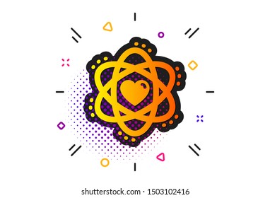 Energy sign. Halftone circles pattern. Atom with heart icon. Chemical element symbol. Classic flat atom icon. Vector