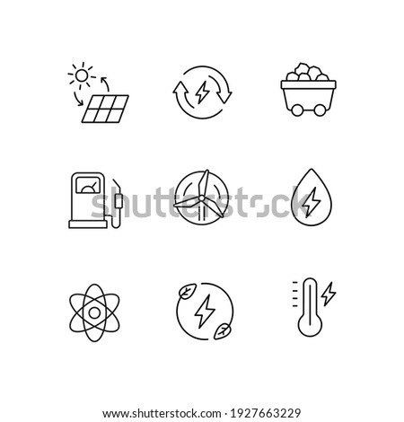 Energy simple thin line icon set vector illustration. Solar battery, mining cart, fuel station, water energy, thermometer, atom, windmill, renewable energy.