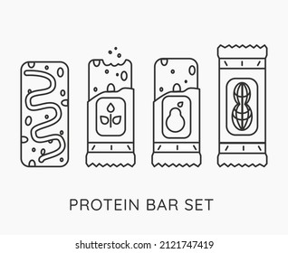 Energy Snack Sport Granola Icon. Organic Candy Sweets. Protein Bar In The Vector Linear Style. Simple Illustration In Flat Line Style. With The Taste Of Wheat, Peanuts, Pears, Protein And Chocolate.
