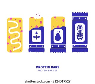 Energy snack sport granola icon. Set of sachet icons. Stick packaging template for sugar, pepper, souse, medicine, tissue and food. Healthy lifestyle concept. Superfood. Vector illustration.