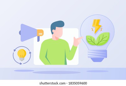 Concepto de campaña de solución energética hombre luz hoja verde megáfono fondo aislado blanco con estilo plano