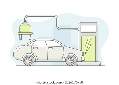 Energy Source with Electric Car Charging with Plug Line Vector Illustration