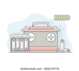Energy Source with Electric Rechargeable Car Battery Line Vector Illustration