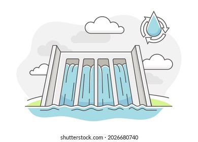 Energy Source with Hydropower and Dam for Stopping Flow of Surface Water Line Vector Illustration