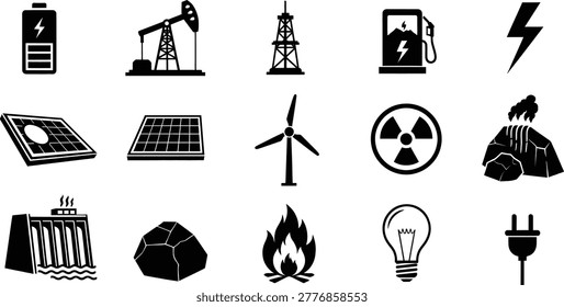 Energy source icons set with renewable nonrenewable power generation symbols