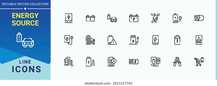 Energy Source line icon set. Contains such symbols as batteries, charger, electricity, batterie, charge. Battery linear icon collection. Web icons pack. Pixel perfect. Vector illustration.