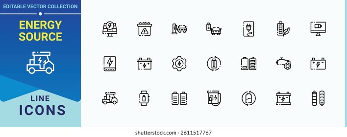 Energy Source line icon set. Contains such symbols as batteries, charger, electricity, batterie, charge. Battery linear icon collection. Web icons pack. Pixel perfect. Vector illustration.