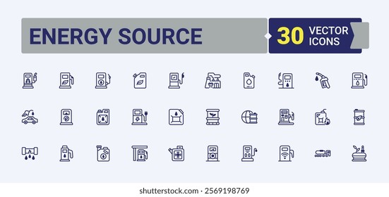 Energy Source line icons set. Related to diesel, ecology, barrel, bio, station, petroleum and more. Collection for mobile and web apps. Solid line editable stroke.