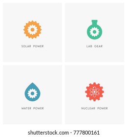 Energy source logo set. The sun, test tube, drop of water, atom and gear wheel or pinion symbol - solar, chemical, hydro and nuclear power, industry and ecology icons.