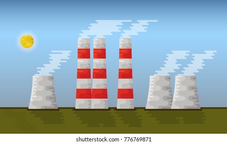 Energy source station vector illustration. Flat icons. Air pollution from smoke.