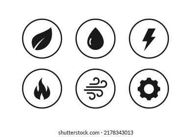 Fuente de energía. El agua, la electricidad, el fuego, el viento, la máquina y el icono de la naturaleza se aislan en fondo blanco. Ilustración del vector