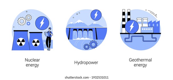 Energy Sources Abstract Concept Vector Illustration Set. Nuclear Power Plant, Hydropower, Geothermal Energy, Generate Electricity, Dam Turbine, Power Plants, Heat Pump Abstract Metaphor.