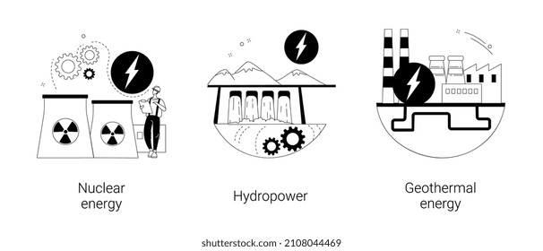 Energy Sources Abstract Concept Vector Illustration Set. Nuclear Power Plant, Hydropower, Geothermal Energy, Generate Electricity, Dam Turbine, Power Plants, Heat Pump Abstract Metaphor.