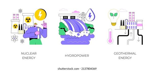 Conjunto de ilustraciones vectoriales de concepto abstracto de fuentes de energía. Planta de energía nuclear, energía hidroeléctrica, energía geotérmica, generación de electricidad, turbina de represas, plantas de energía, metáfora abstracta de bomba de calor.