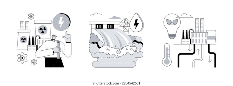 Energy sources abstract concept vector illustration set. Nuclear power plant, hydropower, geothermal energy, generate electricity, dam turbine, power plants, heat pump abstract metaphor.
