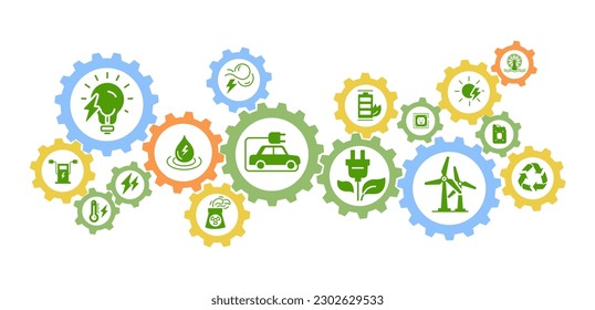 Energy sources banner. Caring for nature and environment. Wind generators and hydro station, electric vehicle and car. Recycling and reuse. Flat vector illustrations isolated on white background