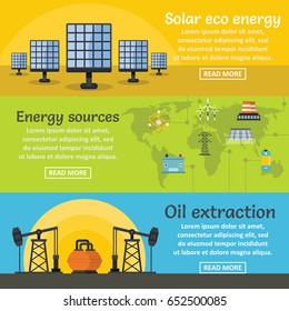 Energy sources banner horizontal concept set. Flat illustration of 3 energy sources vector banner horizontal concepts for web