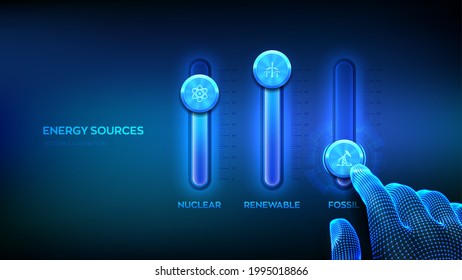 Energy sources control panel for fossil fuel, nuclear fuels and renewable energies. Energy industry sectors concept. Wireframe hand adjust a energy sources mixer. Mixing console. Vector illustration.