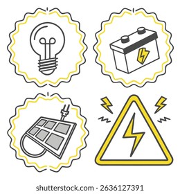 Energy Sources and Electrical Safety Icons: Lightbulb, Battery, Solar Panel, and High Voltage Warning