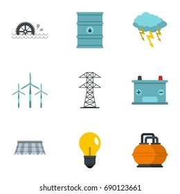 Energy sources icon set. Flat style set of 9 energy sources vector icons for web isolated on white background