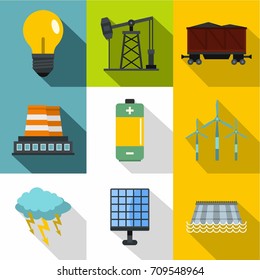 Energy sources icon set. Flat style set of 9 energy sources vector icons for web design