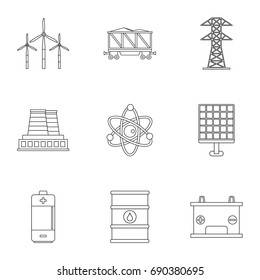 Energy sources icon set. Outline style set of 9 energy sources vector icons for web isolated on white background