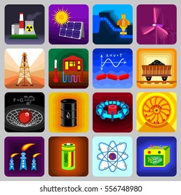 Energy sources icons set. Flat illustration of 16 energy sources vector icons for web