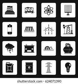 Energy sources icons set in white squares on black background simple style vector illustration