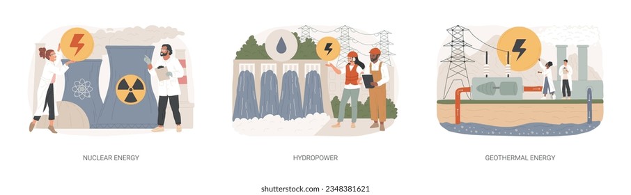 Conjunto de ilustraciones vectoriales de concepto aislado de fuentes de energía. Planta de energía nuclear, energía hidroeléctrica, energía geotérmica, generación de electricidad, turbina de represa, plantas de energía, concepto de vector de bomba de calor.