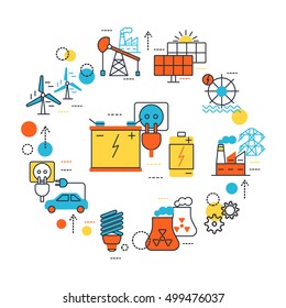 Energy Sources line composition with isolated icon set combined in circle on theme vector illustration