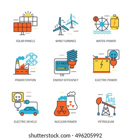 Energy sources line emblem with solar panel power station electric power petroleum descriptions vector illustration