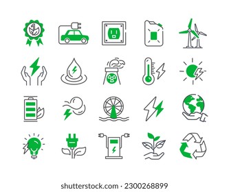 Energy sources linear icons set. Alternative energy sources and reduction of CO2 emissions into atmosphere. Hydro and nuclear station. Cartoon flat vector illustrations isolated on white background