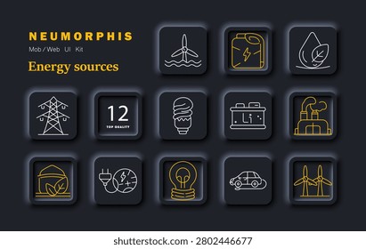 Energy sources set icon. Turbine, battery, leaf, powerline, bulb, accumulator, plant, eco, plug, electric car, windmill, electricity, renewable, industry, energy, technology