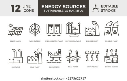 Energy sources, sustainable vs harmful. Vector thin line icons with eco and fossil fuel plants, factories, stations and energy generators