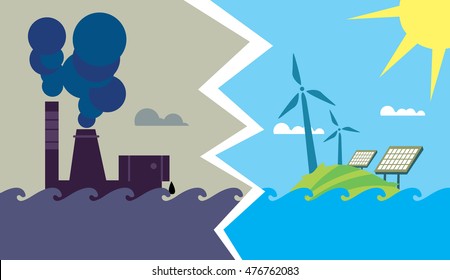 Energy sources. Traditional and alternative energy sources. Nuclear power station versus solar panel, clean windmill. Environment conservation. Evolution from industrial pollution to green technology
