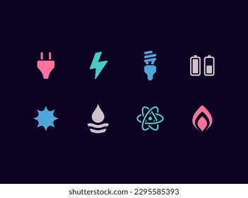 Energy sources vector icon set. Power and electricity icons. 