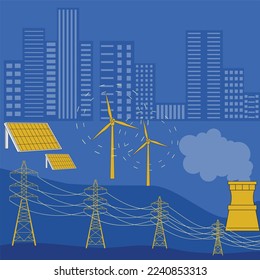 Energy sources vector illustration.Energy stations - alternative, renewable traditional: solar panel plant, windmill turbines, nuclear power reactors